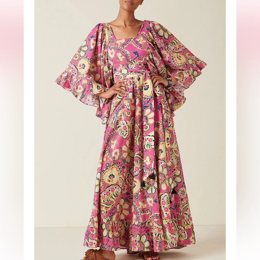 Figue Elissa Maxi Dress Pink Paisley Floral Cotton Pockets Size XS/S